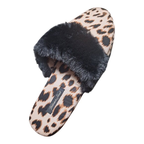 Victoria Secret Leopard Fuzzy Slippers Sz Medium (7-8) House Shoes Satin Finish - Picture 5 of 5